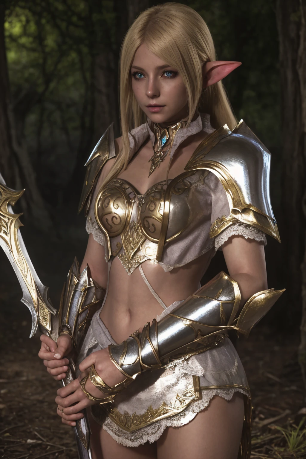 Best quality, female elf, ((knight armor)), ((well toned)), enchanted forest, glowing sword, fantasy artwork, vibrant colors, high resolution.