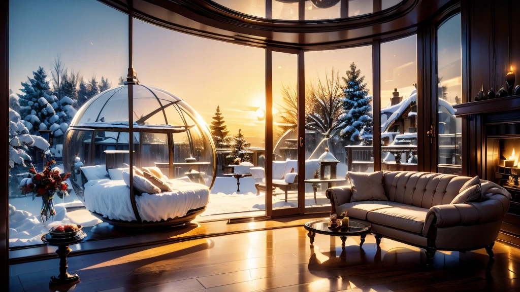 Round transparent glass dome house, candle fireplace,There is a round noble sofa,Light a small candle,There is a little Christmas in the house,A plate of fruit,Super delicate snow scene outside the window, Surrealism,Unreal Attack Photorealistic Rendering,虚幻令人惊lifelike的细节,Surrealism的,Broad perspective,8k Surrealism,Warm and beautiful scene,lifelike,Warm and charming scene