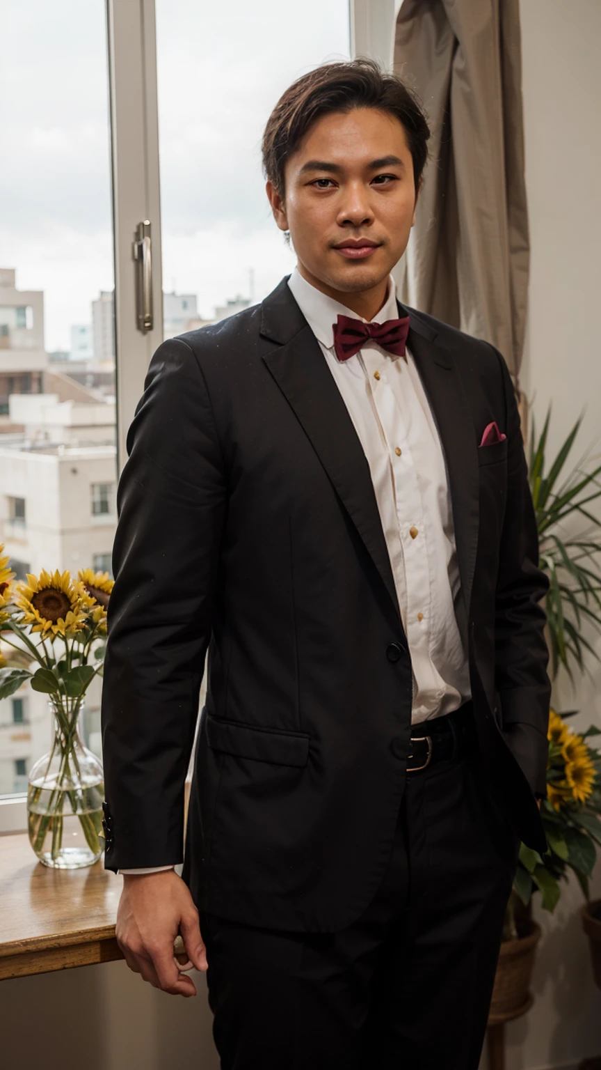 Indochine asian man wearing magenta tuxedo style vintage fashion evening long tail and oval shape tail coat suit, wearing cummerbund belt accessorie for suit, light skin, chubby anatomy body muscular, golden hour light, stand next to sunflowers vase made by glass, minimalist, minimalism, surrealism, rim light, light flare around body, style from Levi's brand style shoulder fashion, minimal, shaped oval tails, chubby body, cummerbund belt, chubby anatomy, shrimp tails coat, collar lapel black 