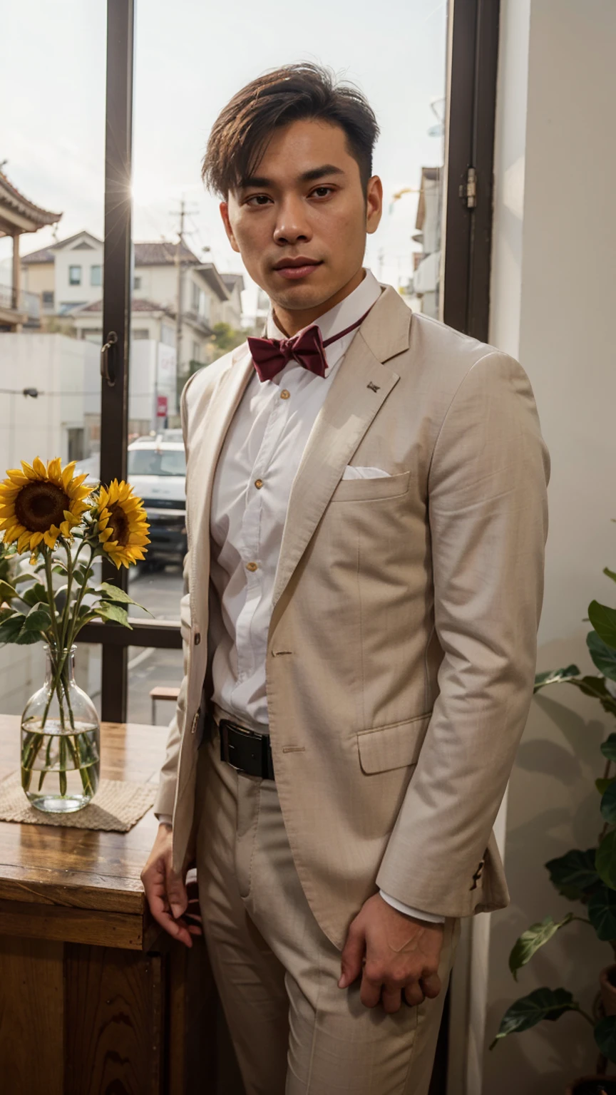 Indochine asian man wearing magenta tuxedo style vintage fashion evening long tail and oval shape tail coat suit, wearing cummerbund belt accessorie for suit, light skin, chubby anatomy body muscular, golden hour light, stand next to sunflowers vase made by glass, minimalist, minimalism, surrealism, rim light, light flare around body, style from Levi's brand style shoulder fashion, minimal, shaped oval tails, chubby body, cummerbund belt, chubby anatomy, shrimp tails coat, collar lapel black 
