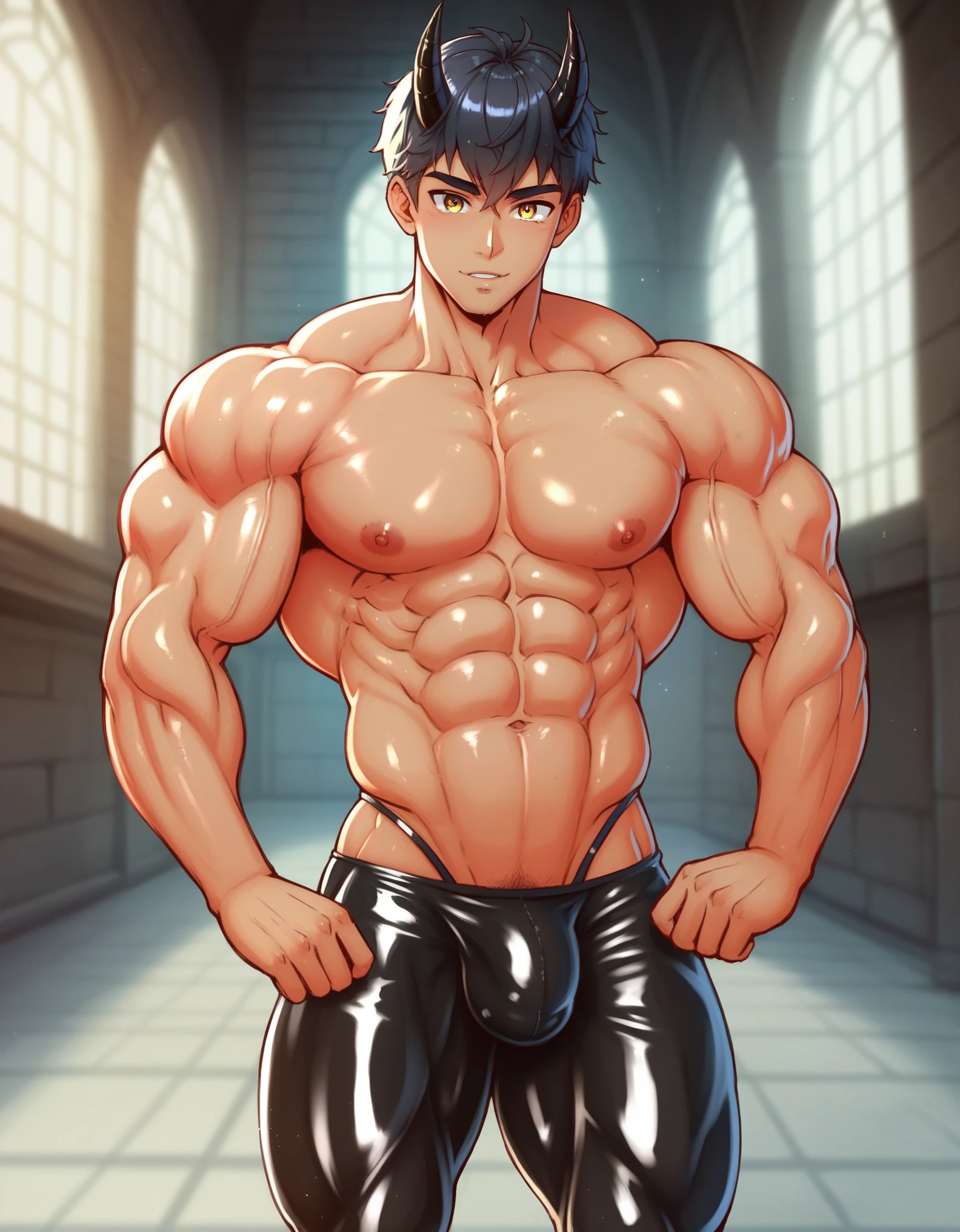 absurdres, highres, ultra detailed, HDR, masterpiece, Ren Zotto, vtuber, black hair, expressive red eyes, demon, black horns, 1man, handsome, black leather jacket, inside a dungeon, cave. A  (Young face) 15 y years old) very attratanding, full body. Mexican ethnicity. tanned skin, short hair bangs that fall on both sides of his youthful face. carefree expression, young man, alone, marked muscles, beautiful musculature, aesthetic stretch marks, inspiring physique, slender muscles, square pecs, beautiful V-cone, excellent abs and torso, chiseled abs, pectorals chiseled, perfect massive muscles, inflated muscles, voluminous pectorals, massive muscular body, a huge gigantic chest with a narrow waist, huge shoulders, ridiculously well-shaped large pecs, eight chiseled abs, (very toned and huge) with his military haircut and voluminous neck, narrow waist, golden eyes, young face, beautiful, young. Teen muscular young bodybuilder withraordinary and firm back, chiseled muscles, rhomboid muscles, latissimus dorsi. Gigachad. He wears a latex thong. (Bare torso) bulge chest. Shirtless, Topless, prominent abs and pectorals. Big bulge in the crotch. His muscles stand out. Ruins of greek temple background. Standing, full body. (((black latex thong))) (((Muscular torso.))) 
