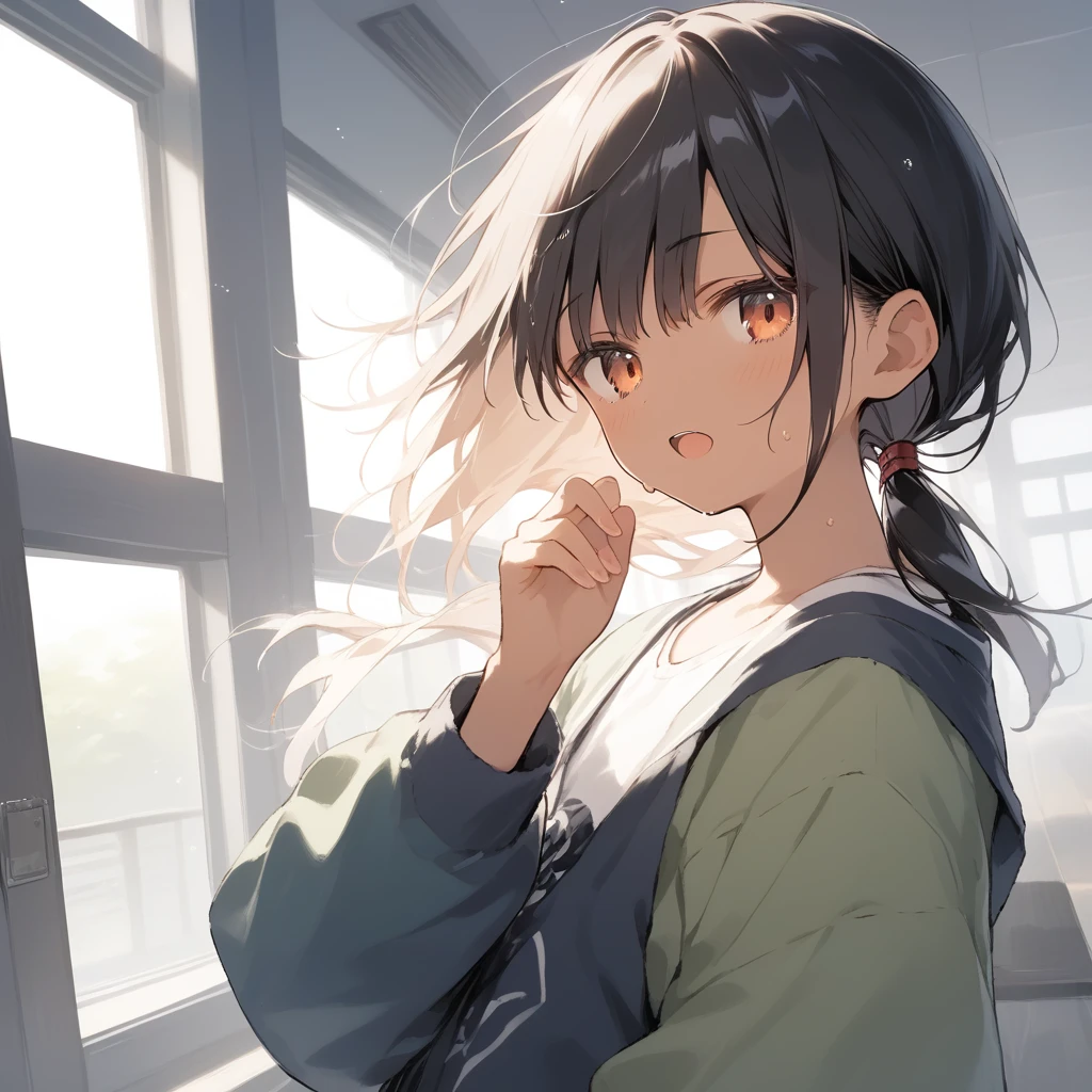 score_9, score_8_up, score_7_up, source_anime, best quality, masterpiece, official art, absurdres, highres, ultra-detailed,waifu2x,Collection: Slice of Life,break,1girl, tomboy, dark-skinned female, short hair, low ponytail, flat chest, beautiful detailed eyes, dressing, sweat, open mouth, (yawn:0.3), sleepily, locker room, indoors, wind,break,(clear line illustration:1.2), super detailed skin,very high resolution, very aesthetic, Best sexual lighting powered by famous artist, 8k,cute picture,beauty illustration,photoshop_(medium),,(Detailed Lighting),best anime 8k konachan wallpaper, pixiv contest winner, 