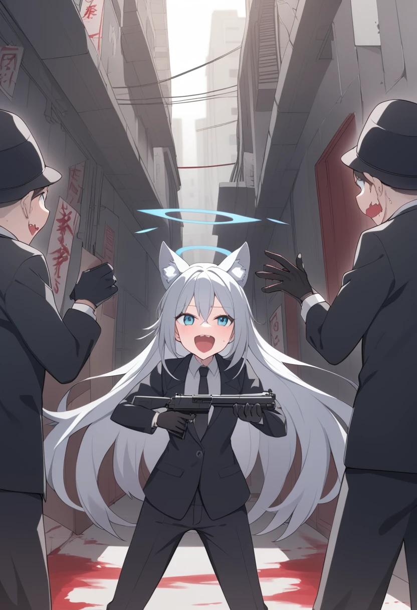 girl,Silver long hair, blue eyes, Wearing a black suit,Black gloves, and black pants, uninhabited alley,Laughing, blue halo,Black Hat,Gray wolf ears,Black Tie,With a pistol,There is a lot of blood on the body,insanity