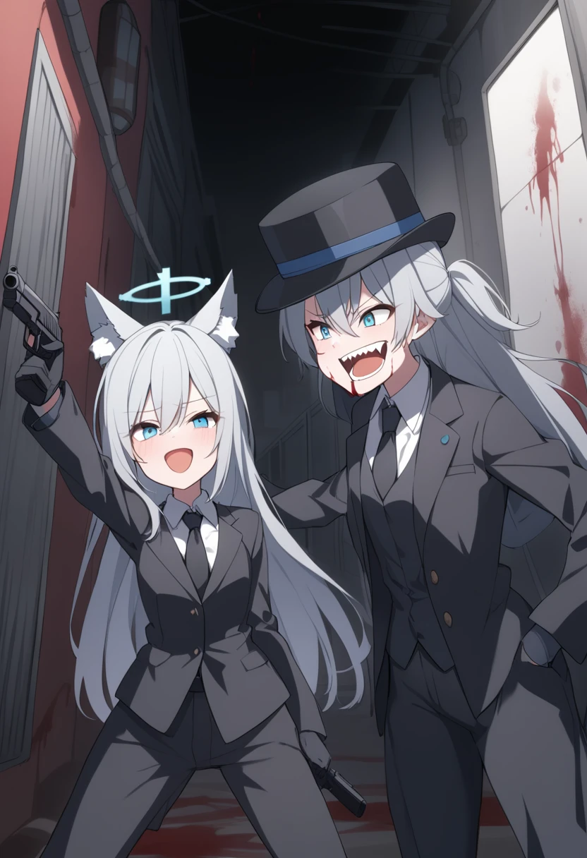 girl,Silver long hair, blue eyes, Wearing a black suit,Black gloves, and black pants, uninhabited alley,Crazy Laugh, blue halo,Black Hat,Gray wolf ears,Black Tie,With a pistol,Blood on the body,Yandere
