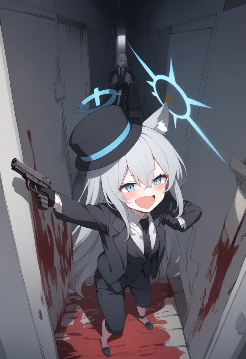 girl,Silver long hair, blue eyes, Wearing a black suit,Black gloves, and black pants, uninhabited alley,Laughing, blue halo,Black Hat,Gray wolf ears,Black Tie,With a pistol,There is a lot of blood on the body,insanity