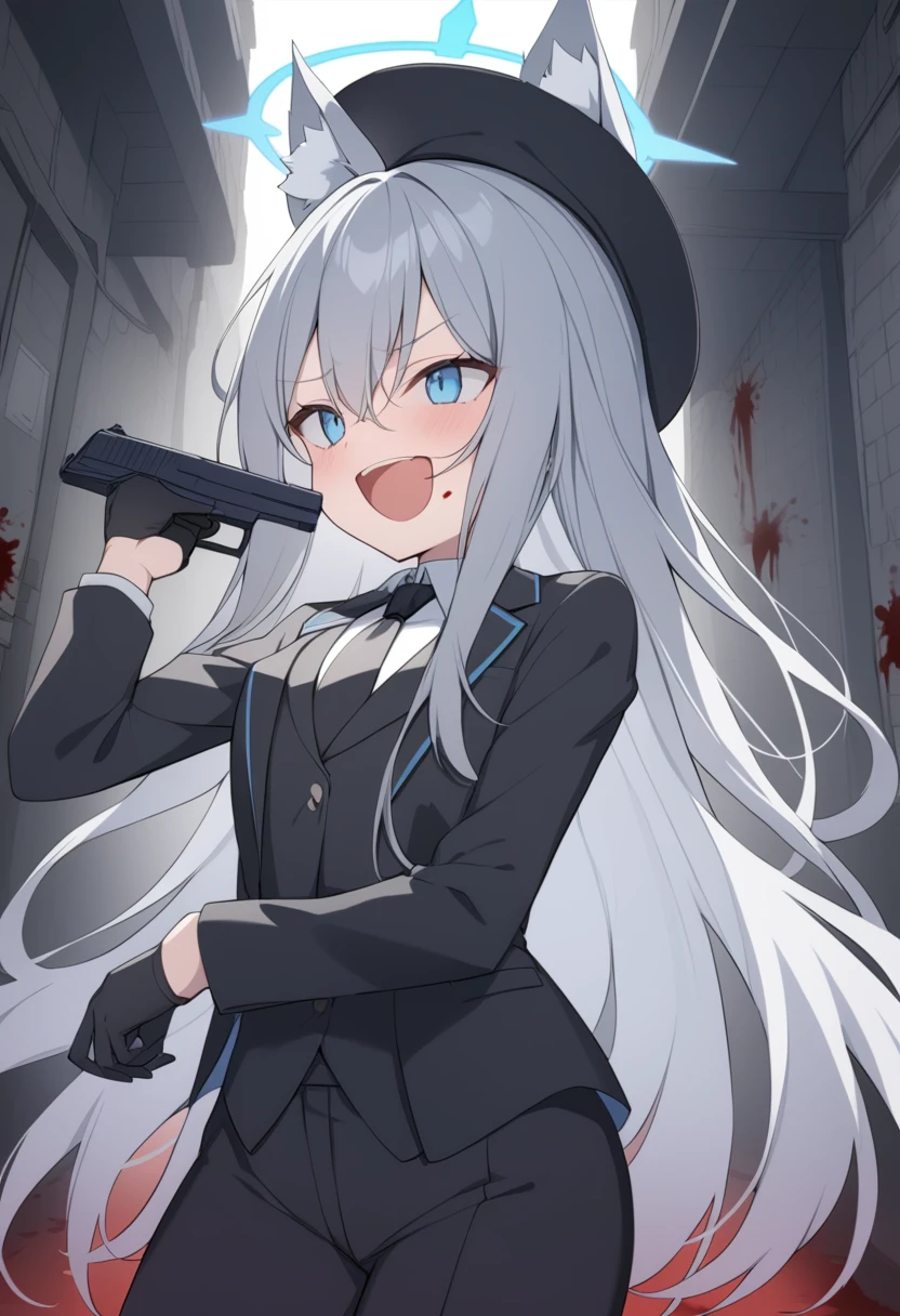 girl，Silver long hair, blue eyes, Wearing a black suit,Black gloves, and black pants, uninhabited alley，Laughing, blue halo，Black Hat，Gray wolf ears，Black Tie，With a pistol，There is a lot of blood on the body，insanity