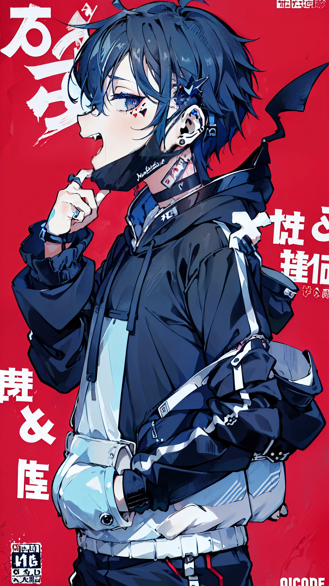(1boy), (Wearing a blue shark tail hoodie), (Boy Messy Japanese Round Haircut for Thick Hair), (blue nails), (blue hair), black shorts, ((solo)), (magazine:1.3), (cover-style:1.3),  simple background, watch, mouth mask, wristwatch, stud earrings, vampire, halftone, mask pull, jirai kei, fangs, score_9, score_8_up, score_7_up, best quality, masterpiece, 4k, perfect lighting, very aesthetic, GOTH GIRL, (red pupils with X shape:1), x-shaped pupils, Ultra-detail,(highres:1.1),best quality,(masterpiece:1.2), cinematic lighting, (detailed face and eyes:1.2), 