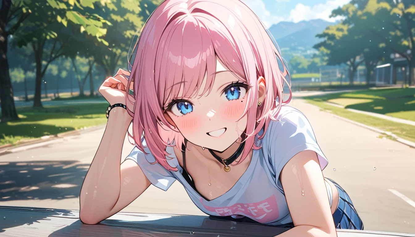 (1 girl),(Best Picture Quality, 8K, Masterpiece:1.3), (high student:1.5), ((pink lob hair:1.1)), (bob cut),(swept bangs), (cute eyes, pupil black, iris skyblue, youthful face), (mole under right eye), (standard weight), (small breasts), (glistening skin:1.1),(pale skin:1.2),(t-shirt),((Gyaru fashion:1.3)),(wet:1.1),((summer scene:1.2)),(magnificent view),(overlooking),(Smile).