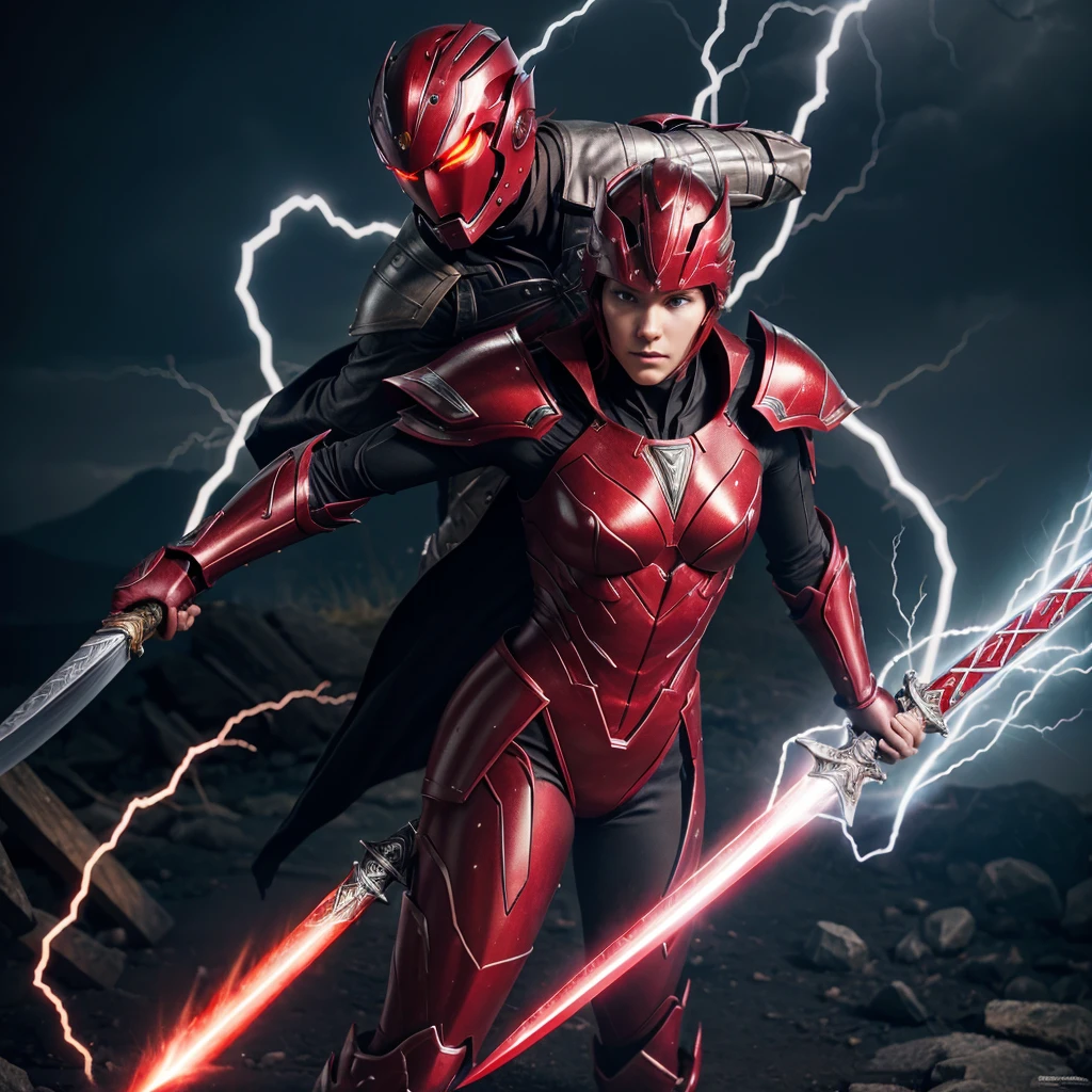 Sleek, crimson armor with intricate silver runes etched across it. The suit has flowing, red lightning patterns that pulse with energy.Powers: Generates and manipulates red lightning to unleash powerful electrical attacks. The suit has an embedded magical core that enhances physical abilities and grants flight.Weapon: A staff that can channel both lightning and magic, transforming between a lightning-infused spear and a magical sword.