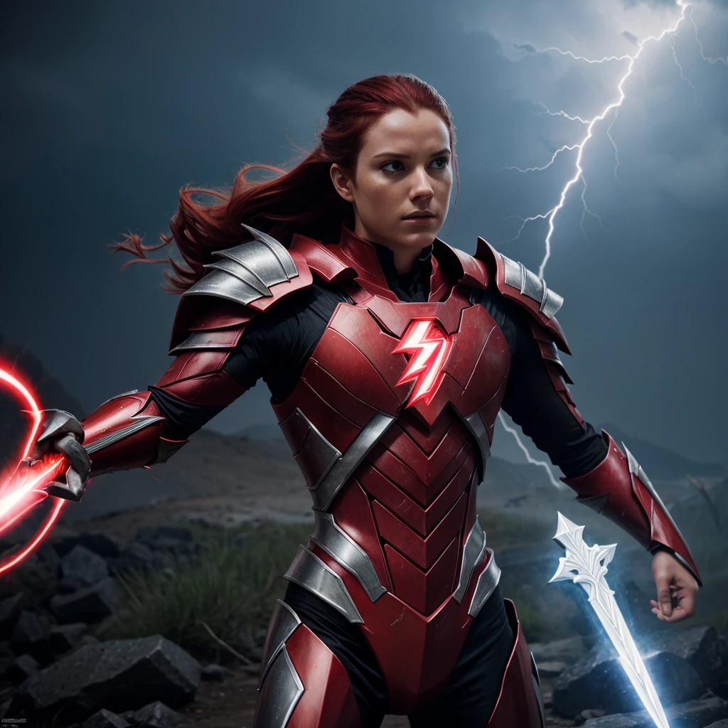 Sleek, crimson armor with intricate silver runes etched across it. The suit has flowing, red lightning patterns that pulse with energy.Powers: Generates and manipulates red lightning to unleash powerful electrical attacks. The suit has an embedded magical core that enhances physical abilities and grants flight.Weapon: A staff that can channel both lightning and magic, transforming between a lightning-infused spear and a magical sword.