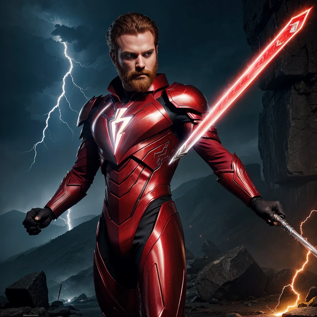 Sleek, crimson armor with intricate silver runes etched across it. The suit has flowing, red lightning patterns that pulse with energy.Powers: Generates and manipulates red lightning to unleash powerful electrical attacks. The suit has an embedded magical core that enhances physical abilities and grants flight.Weapon: A staff that can channel both lightning and magic, transforming between a lightning-infused spear and a magical sword.