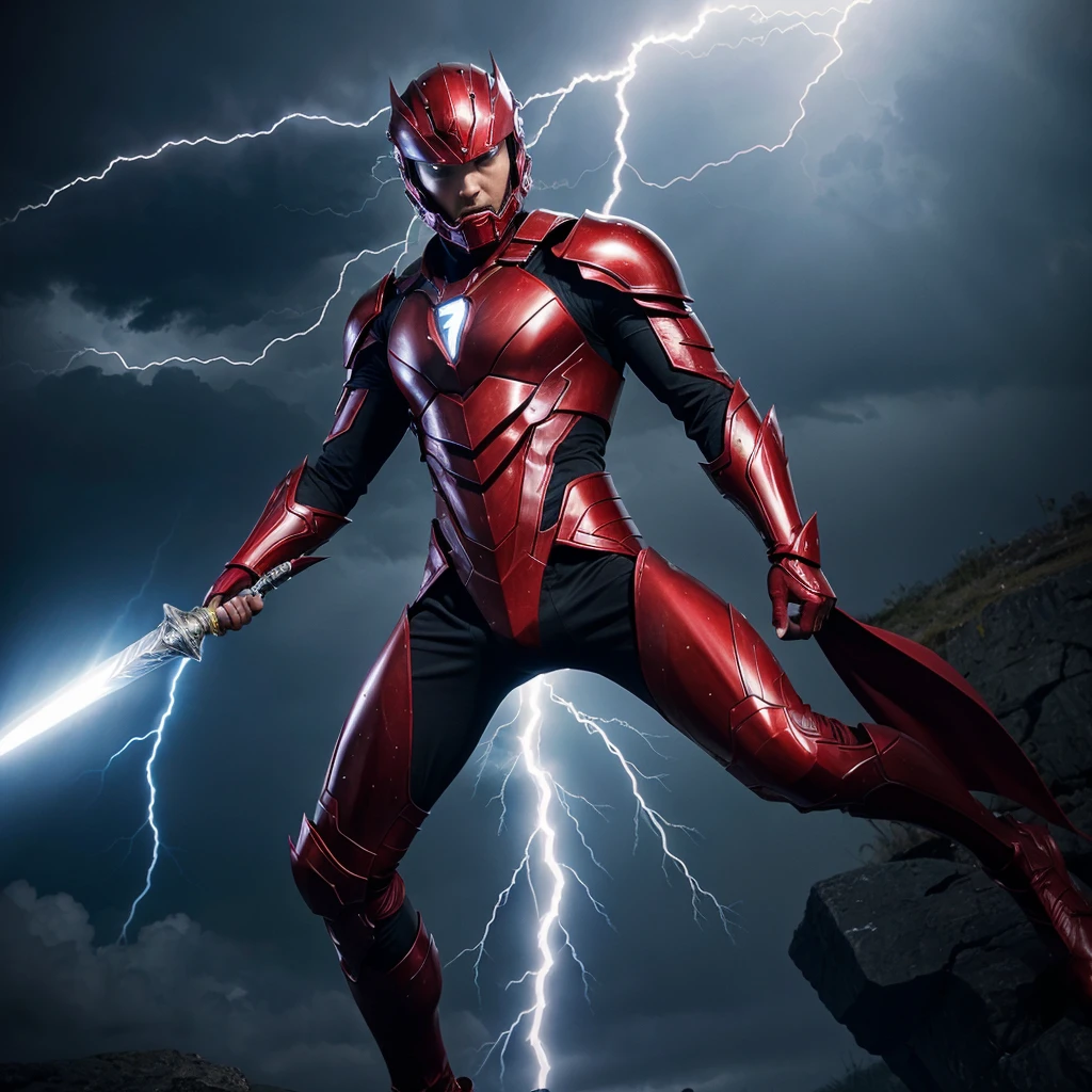 Sleek, crimson armor with intricate silver runes etched across it. The suit has flowing, red lightning patterns that pulse with energy.Powers: Generates and manipulates red lightning to unleash powerful electrical attacks. The suit has an embedded magical core that enhances physical abilities and grants flight.Weapon: A staff that can channel both lightning and magic, transforming between a lightning-infused spear and a magical sword.