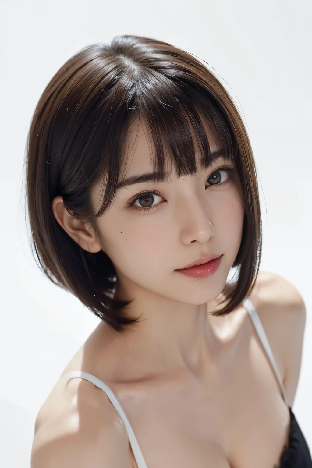 ((masterpiece, Highest quality, High resolution,Everything is beautifully detailed)), One Girl, (Realistic: 1.4), alone, White Background, snow-White Background, ((From above, A little above, look up at the viewer, look up, look up at the camera, Looking into the camera)), Mouth closed, Smile, Smile, Smile, Beautiful black hair, bangsのあるショートヘア,bangs, Big eyes, Transparent double eyelids, eyelash, Listen carefully, Long neck, Long neck, Absolute area, (Draw the whole head, shoulder), 19 years old, Attractive proportions, Perfect Anatomy,Shiny skin, Beautiful collarbone, Golden ratio face, Perfect Face, Tearful mole, Mole on chest, bangs, clean bangs, Lip gloss, Thin lips, Fair skin, naked, Big Breasts, Small face, Small face, Draw the whole head, draw all shoulder,{gigantic|big|huge|mega} breasts, cleavage