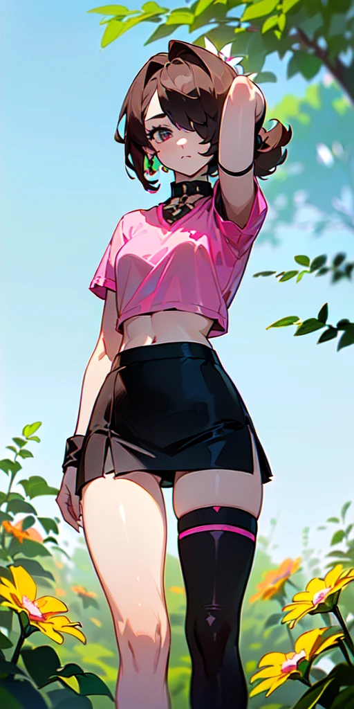 (((masterpiece, best quality, High Resolutions, 1girl, Hair over one eye, jewely, single thighhigh, midriff, black skirt, asymmetrical legwear, Pink shirt, black thighs, beltt, short miniskirt, Standing, Shot cowboy, outdoor, Featured, Flower ))), (link:1.5), legend of zelda, GS-womanly