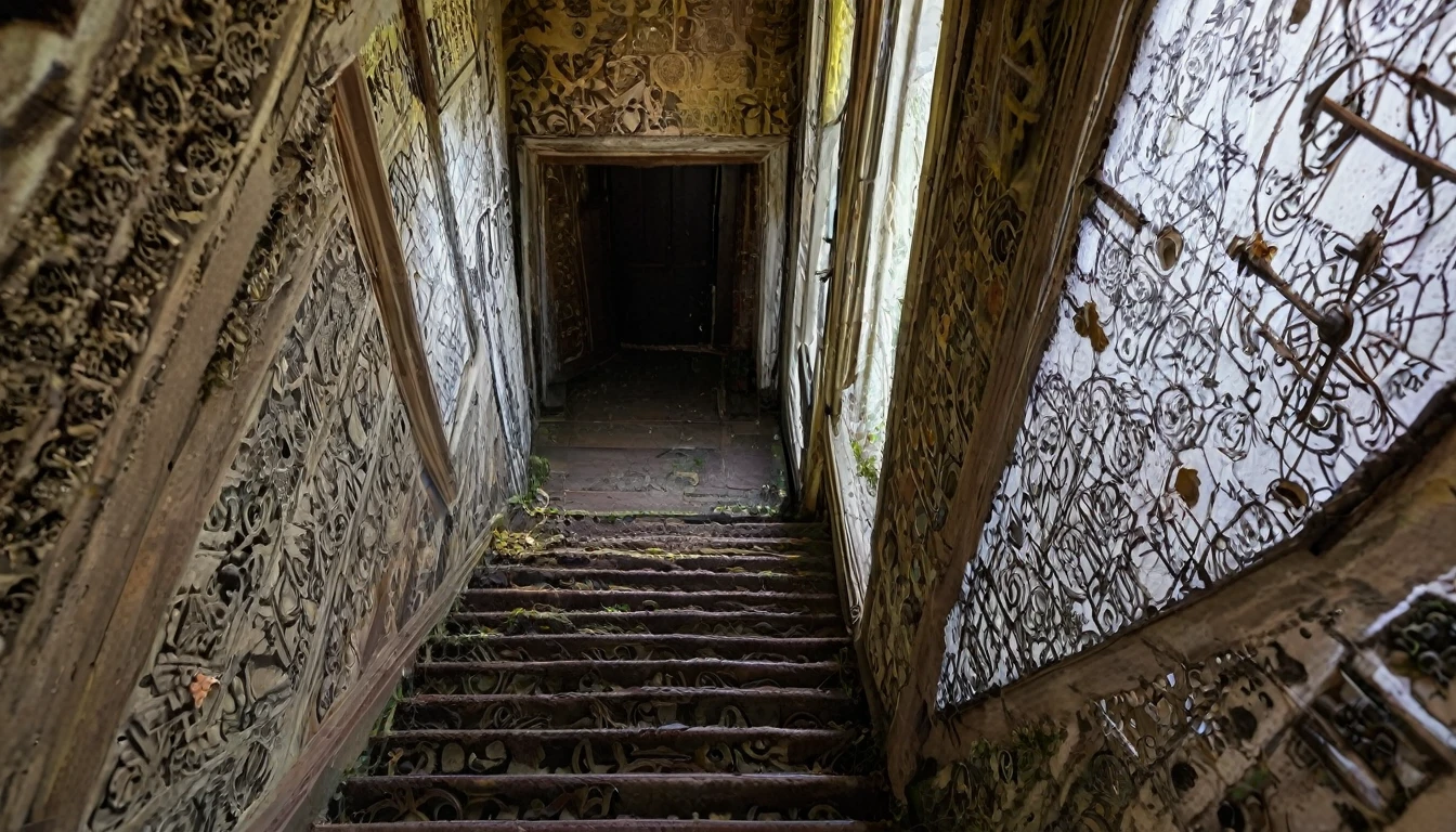 The narrow staircase in the decaying manor, with walls covered in strange symbols