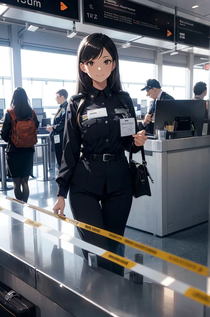 A female airport staff member standing at an information desk in a modern airport terminal. She is dressed in a professional uniform, with a friendly and welcoming expression. The background includes signs in multiple languages, people walking by with luggage, and an overall busy airport atmosphere. The lighting is bright and natural, giving a clean and efficient look to the scene