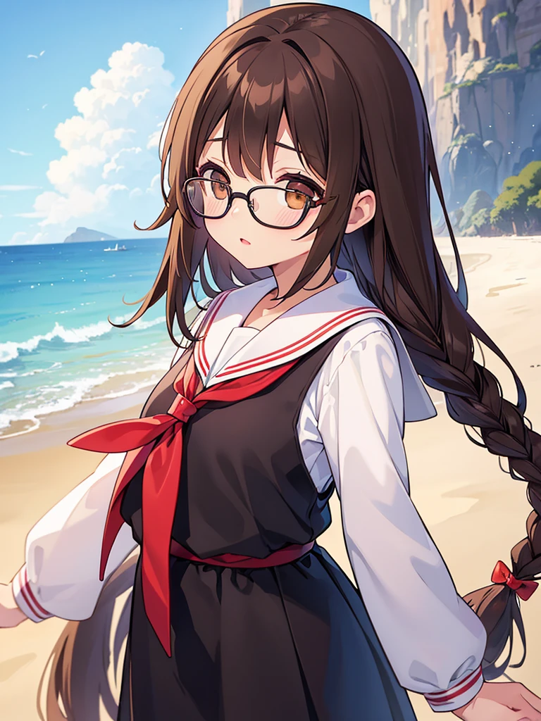 1 Female、Brown hair、Brown Eyes、Best Quality、Super detailed、8 Resolution、Raw photo、Mastepiece、Perfect Body、high resolution、Highest quality、Detailed drawing、Vibrant colors、lure、Long Hair、Black-rimmed glasses、Braid、Sailor suit、