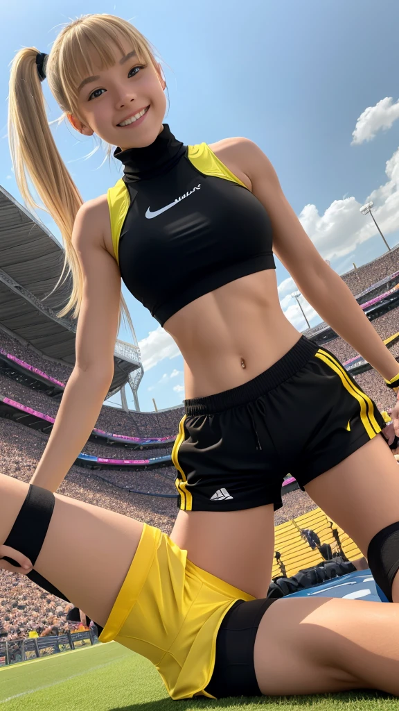 beautiful girl runner, 16 years old, Prepare to practice running, Lean over to tie your shoelaces..........................., Blond hair, Ponytail, bangs, Smile a little..........................., Wear glasses, ((Wear a sleeveless sports bar..........................., turtleneck, black and yellow shorts, (underboob))), The abdomen has sexy lines..........................., yellow running shoes, in the stadium stands, anime, high-res