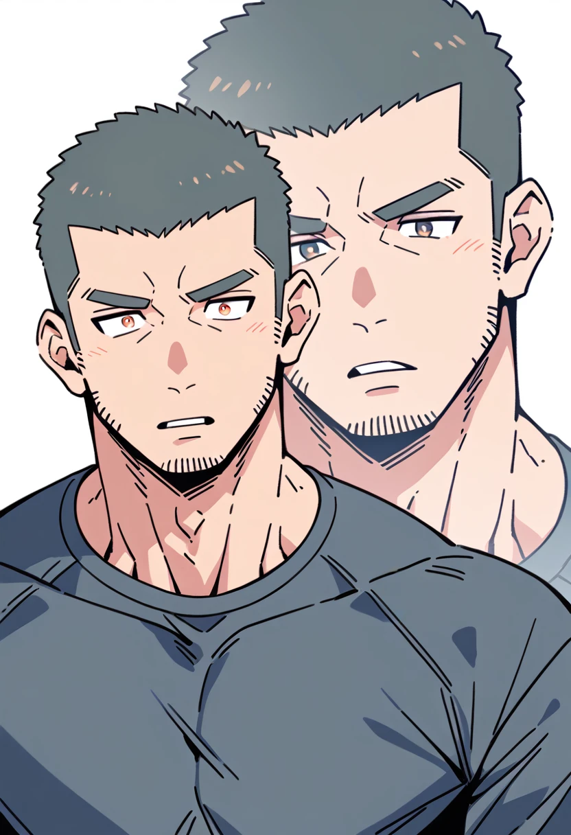 anime characters：Priapus, Muscle Sports Student, Buzz Cut, Manliness, male focus, Light Grey high collar long sleeve tight T-shirt, Very tight, full and perky chest muscles, muscular male, muscular, only, Upper body, alone, Black short hair, Thick eyebrows, stubble, Brown-red pupils, White background, simple background, amazing quality, best aesthetics, Ridiculous, crew cut, parted lips, flustered, endured face, negative space, projected inset, best quality