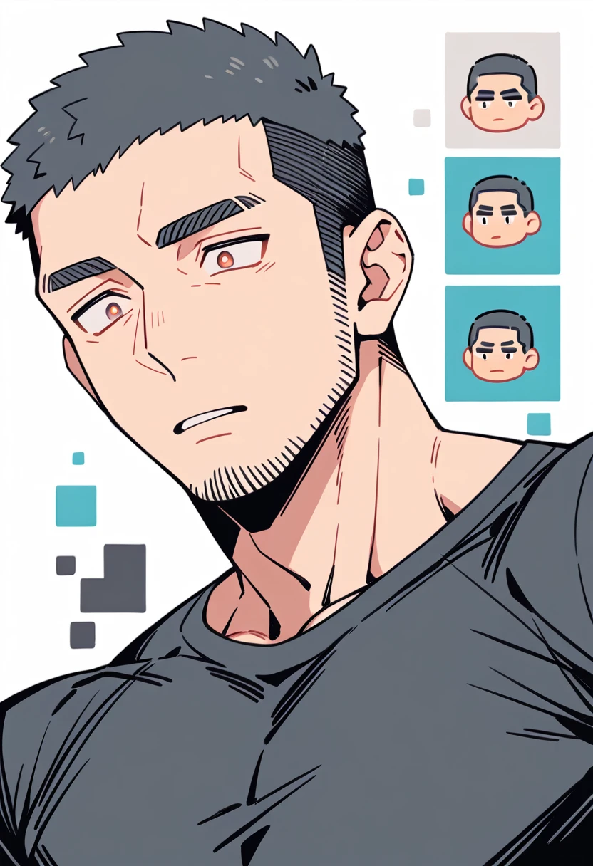 anime characters:Priapus, Muscle Sports Student, Buzz Cut, Manliness, male focus, Light Grey high collar long sleeve tight T-shirt, Very tight, full and perky chest muscles, muscular male, muscular, only, Upper body, alone, Black short hair, Thick eyebrows, stubble, Brown-red pupils, White background, simple background, amazing quality, best aesthetics, Ridiculous, crew cut, parted lips, flustered, endured face, negative space, projected inset, best quality