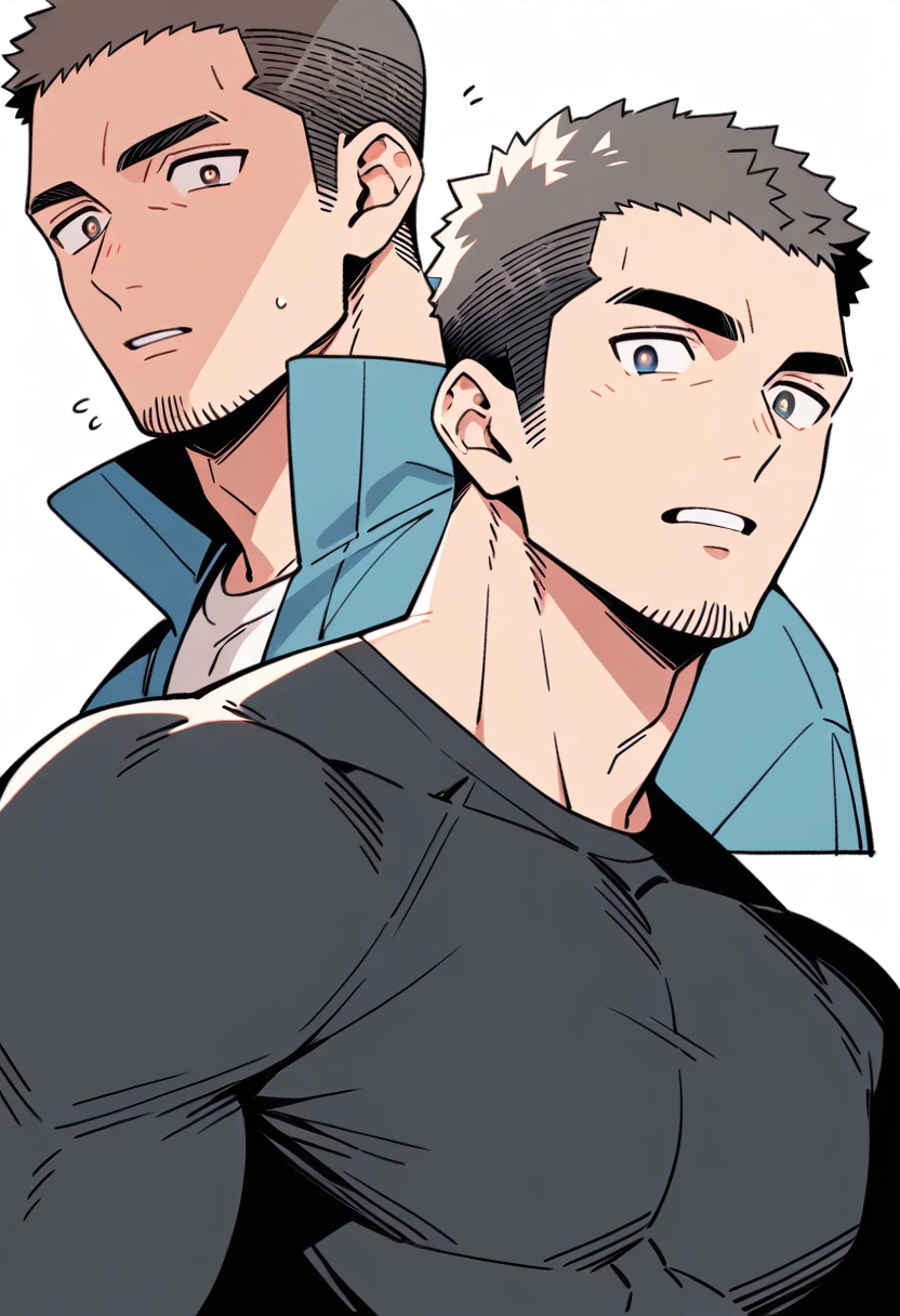 anime characters:Priapus, Muscle Sports Student, Buzz Cut, Manliness, male focus, Light Grey high collar long sleeve tight T-shirt, Very tight, full and perky chest muscles, muscular male, muscular, only, Upper body, alone, Black short hair, Thick eyebrows, stubble, Brown-red pupils, White background, simple background, amazing quality, best aesthetics, Ridiculous, crew cut, parted lips, flustered, endured face, negative space, projected inset, best quality