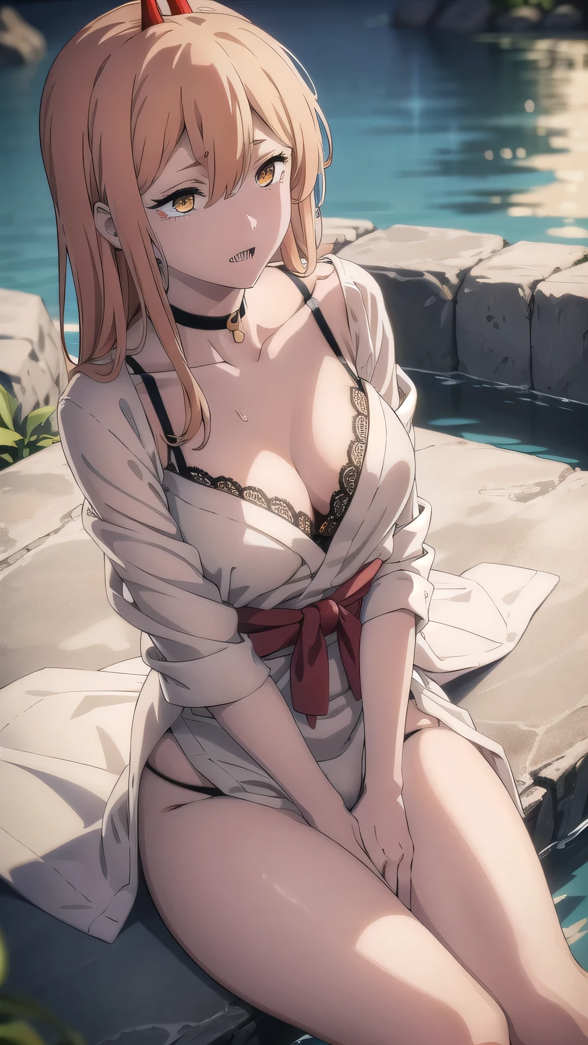 BREAK (masterpiece:1.2), best quality, high resolution, unity 8k wallpaper, (illustration:0.8), (beautiful detailed eyes:1.6), extremely detailed face, perfect lighting, extremely detailed CG, (perfect hands, perfect anatomy),onsen,hot springs,night,outdoor,moon,starfall,power_csm
blonde hair, yellow eyes, cross-shaped pupils, symbol-shaped pupils, red horns, sharp teeth,japanese dress,yukata,bathrobe,kimano,cleavege,neckline,choker,lace bra,nipples,sitting, spread legs, showing panties, camel toe,wet panties, lace panties, from above, bend over.