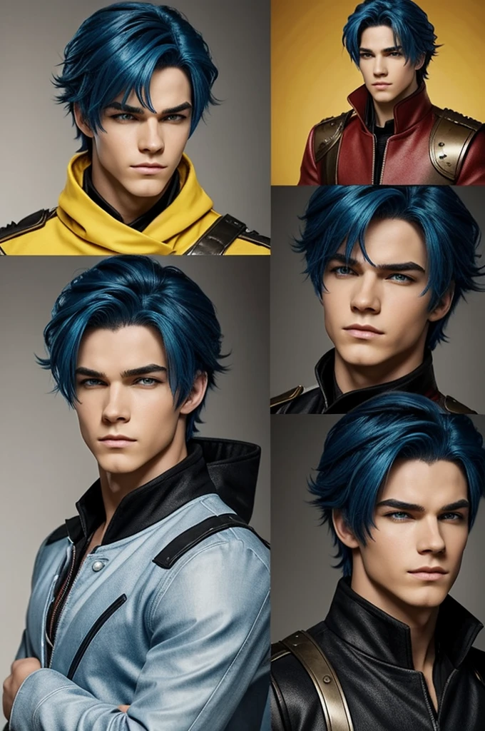 create son a character design of mal and Ben from descendants is son his name is ember he's he has blue hair like grandfather Hades he's hair is not fire give him a villain can look and a prince look and make it a sketch not a 3D model or whatever but a sketch sketch with color the main color should be blue A little red and a little bit of yellow make sure his hair is a looking good hair villain but also a little bit prince hair