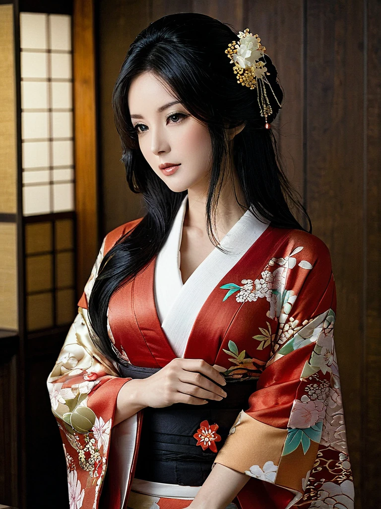 -(masterpiece, best quality:1.2), (beautiful woman:1.3), (kimono:1.3), (partially open chest:1.3), (seductive:1.2), (20s:1.1), (long black hair:1.2), (brown eyes:1.1)