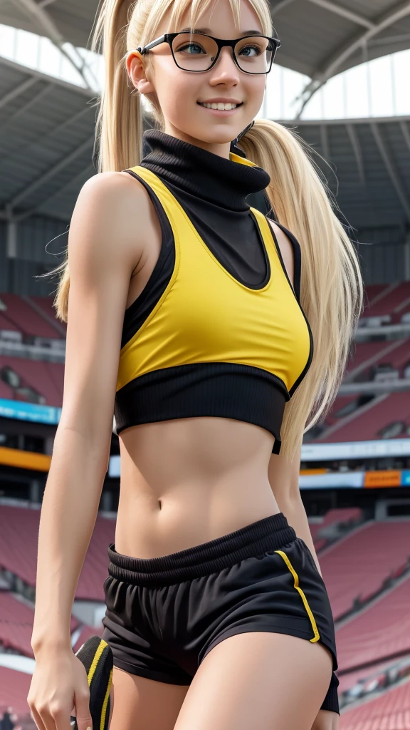 beautiful girl runner, 16 years old, Prepare to practice running, Lean over to tie your shoelaces..........................., Blond hair, Ponytail, bangs, Smile a little..........................., Wear glasses, ((Wear a sleeveless sports bar..........................., turtleneck, black and yellow shorts, (underboob))), The abdomen has sexy lines..........................., yellow running shoes, in the stadium stands, anime, high-res, bunda sexy,