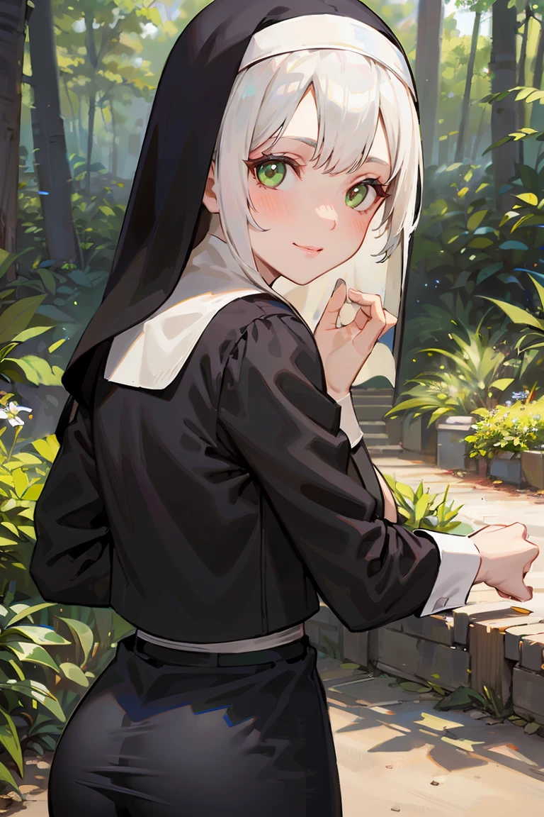 masterpiece, best quality, highly detailed background, perfect lighting, best quality, (extremely detailed face), volumetric lighting, intricate details, shadow, tonemapping, sharp focus, hyper detailed, trending on Artstation, (solo), ((Looking at the viewer)), (White hair), ((thin)), ((green eyes)), ((nun)), ((dressed as a nun)), ((nun's long skirt)), ((delicate)), ((thin and fine figure)), ((elegant)), ((smile)), (blush) ((in the forest)) ((Backwards))