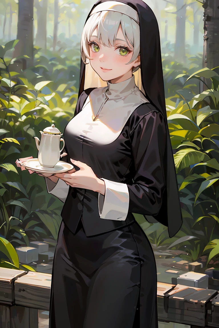 masterpiece, best quality, highly detailed background, perfect lighting, best quality, (extremely detailed face), volumetric lighting, intricate details, shadow, tonemapping, sharp focus, hyper detailed, trending on Artstation, (solo), ((Looking at the viewer)), (White hair), ((thin)), ((green eyes)), ((nun)), ((dressed as a nun)), ((nun's long skirt)), ((delicate)), ((thin and fine figure)), ((elegant)), ((smile)), (blush) ((in the forest)) ((Backwards))