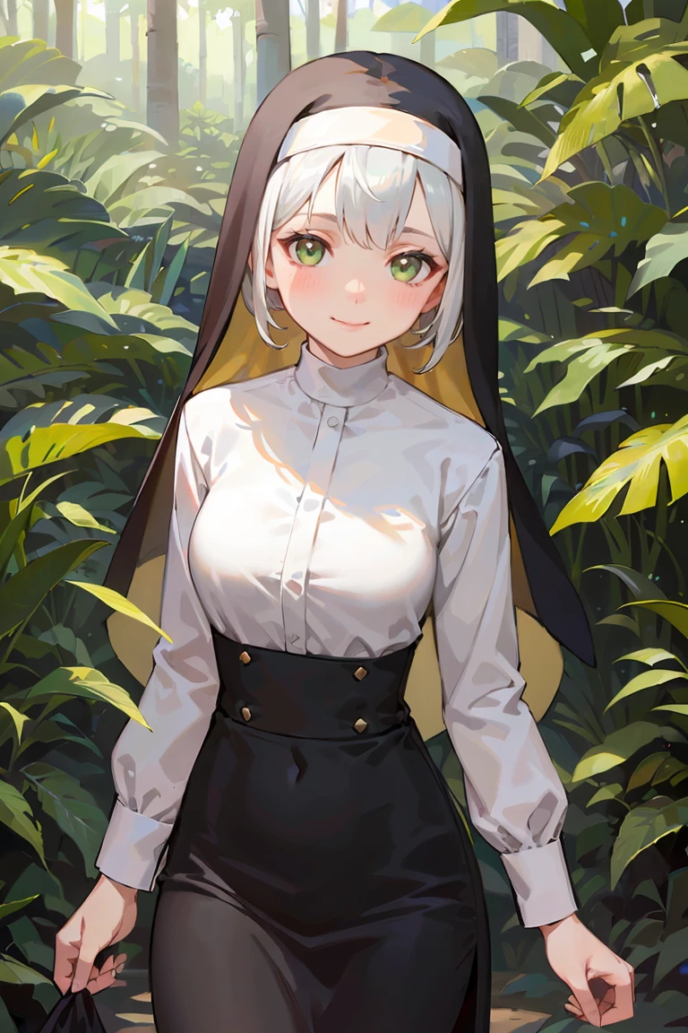 masterpiece, best quality, highly detailed background, perfect lighting, best quality, (extremely detailed face), volumetric lighting, intricate details, shadow, tonemapping, sharp focus, hyper detailed, trending on Artstation, (solo), ((Looking at the viewer)), (White hair), ((thin)), ((green eyes)), ((nun)), ((dressed as a nun)), ((nun's long skirt)), ((delicate)), ((thin and fine figure)), ((elegant)), ((smile)), (blush) ((in the forest)) ((Backwards))
