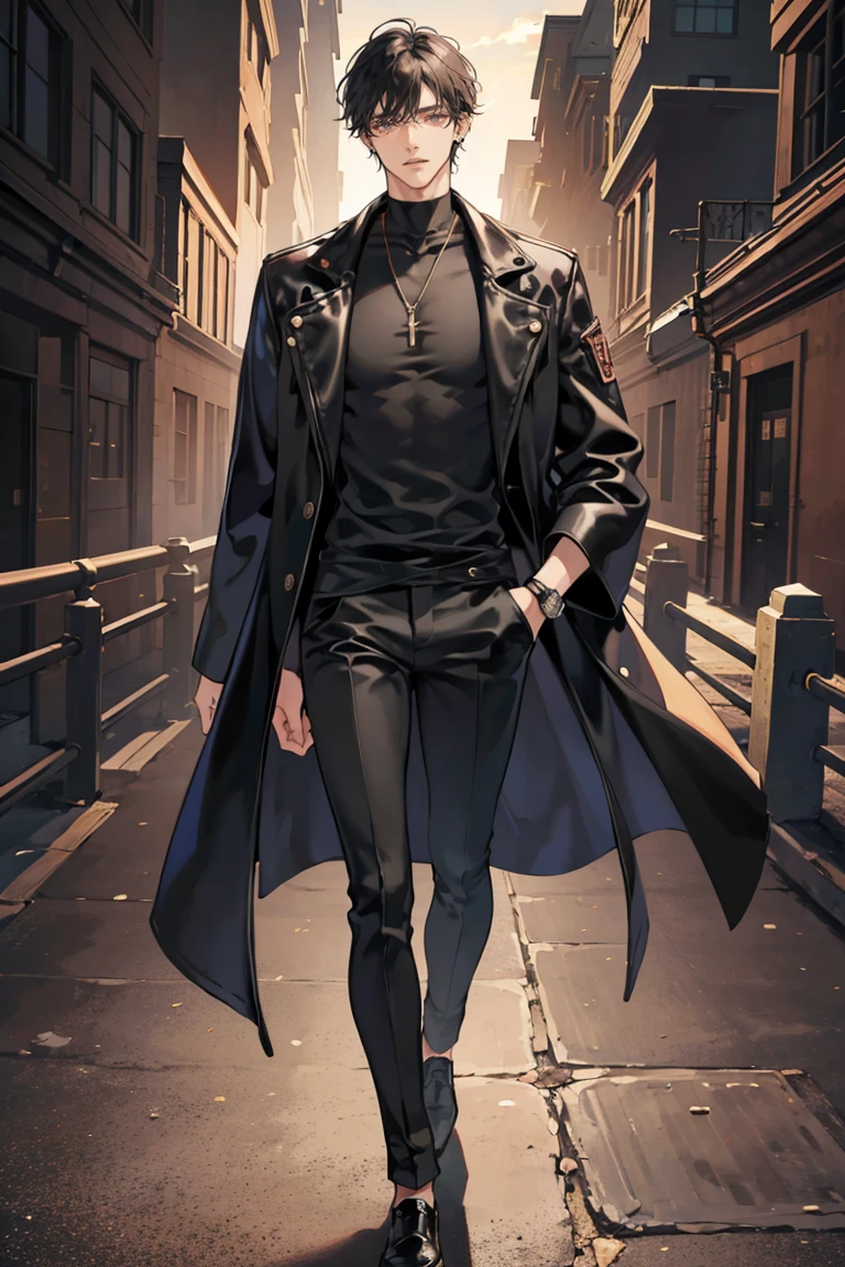 anime - (masterpiece), best quality, seductive eyes, perfect face, handsome man, brown eyes, long slicked back black hair, long nose, tan brown skin, plain black t-shirt, black leather jacket, black pants, silver watch, black sunglasses, extremely tall man, long legs, long calves, full body, tall man, long legs, anime cover, 1boy, ear piercings, hands in pockets, adult-like look, bad boy

