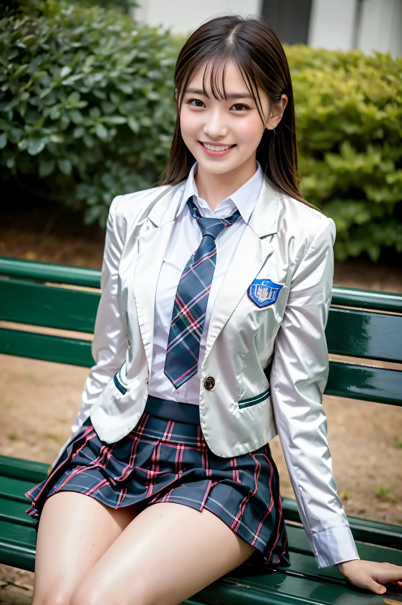 (8K), (highest quality: 1.2), (Realistic), (Realistic: 1.37), Ultra-high resolution, 1 girl, cute, (Embarrassed smile:1.2), (Blushing:1.4),Mouth closed, Beautiful details, Beautiful Nose, Wet Hair, giant dulcefo, pork, Thighs,Navel exposed,University Student Uniform,A simple blazer,Pleated skirt,(The skirt and tie are tartan check pattern.:1.3),Platform boots, (sitting on a park bench:1.2),(Shiny Thighs:1.2), medium shot 