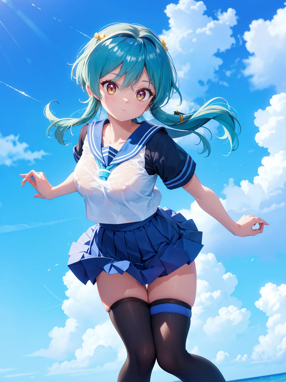 (1 Girl),(high quality), (High resolution), (Very detailed), (8K),(Demolition paperback correct)、Urusei Yatsura、Ram-chan、((White and navy blue sailor suit))、Navy blue pleated skirt、Cute Panties、((Focus on the whole body))、Nipple Shape、((Black knee-high stockings))、Hair messed up by the strong wind、Neutral White Lighting,Sexy pose、