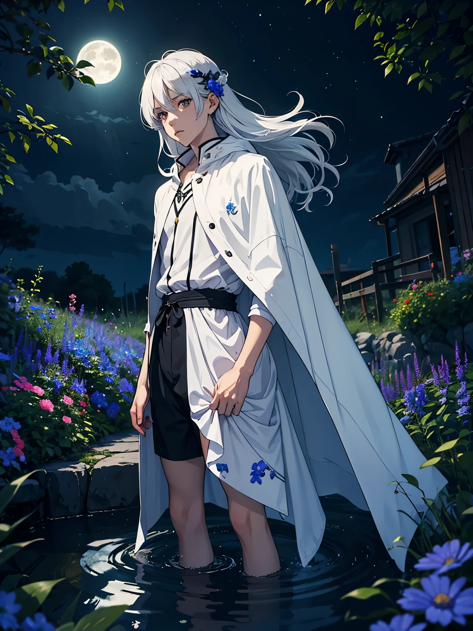 Kleiner junge. Kind. Zärtlicher. Modern jacket. Modern times. Blaie Clothing. Lightening flowers. More anime. male. Blue flowers. Long hair. long white hair. aquatic, boy, God of the Moon, silver hair accessories, White hair, White dress, cape, at night.