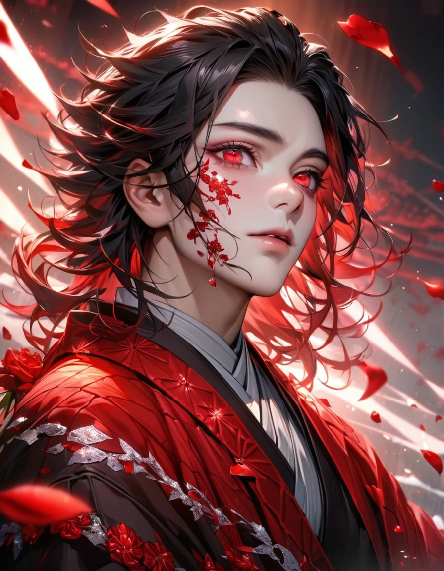 absurdres, highres, ultra detailed, HDR, master piece, best quality, extremely detailed face and eyes, perfect face, realistic face, beautiful eyes, Tanjiro Kamado, black hair, expressive red eyes, Kimetsu No Yaiba, solo, man, handsome, red ice butterflies, red ice, red ice roses, red ice petals