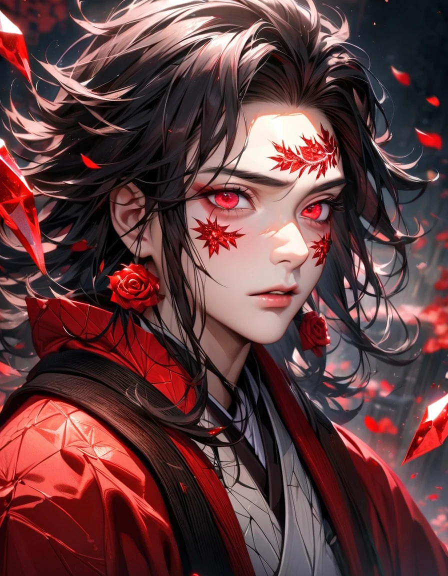 absurdres, highres, ultra detailed, HDR, master piece, best quality, extremely detailed face and eyes, perfect face, realistic face, beautiful eyes, Tanjiro Kamado, black hair, expressive red eyes, Kimetsu No Yaiba, solo, man, handsome, red ice butterflies, red ice, red ice roses, red ice petals