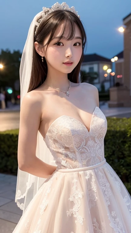 (Highest quality, High resolution, masterpiece:1.2,), figure, night, One girl, whole body, (Wedding dress), Put your arms behind your back, Wait for a kiss, View your viewers, Happy, blush,