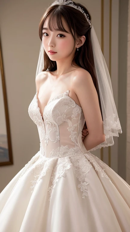 (Highest quality, High resolution, masterpiece:1.2,), figure, night, One girl, whole body, (Wedding dress), Put your arms behind your back, Wait for a kiss, View your viewers, Happy, blush,