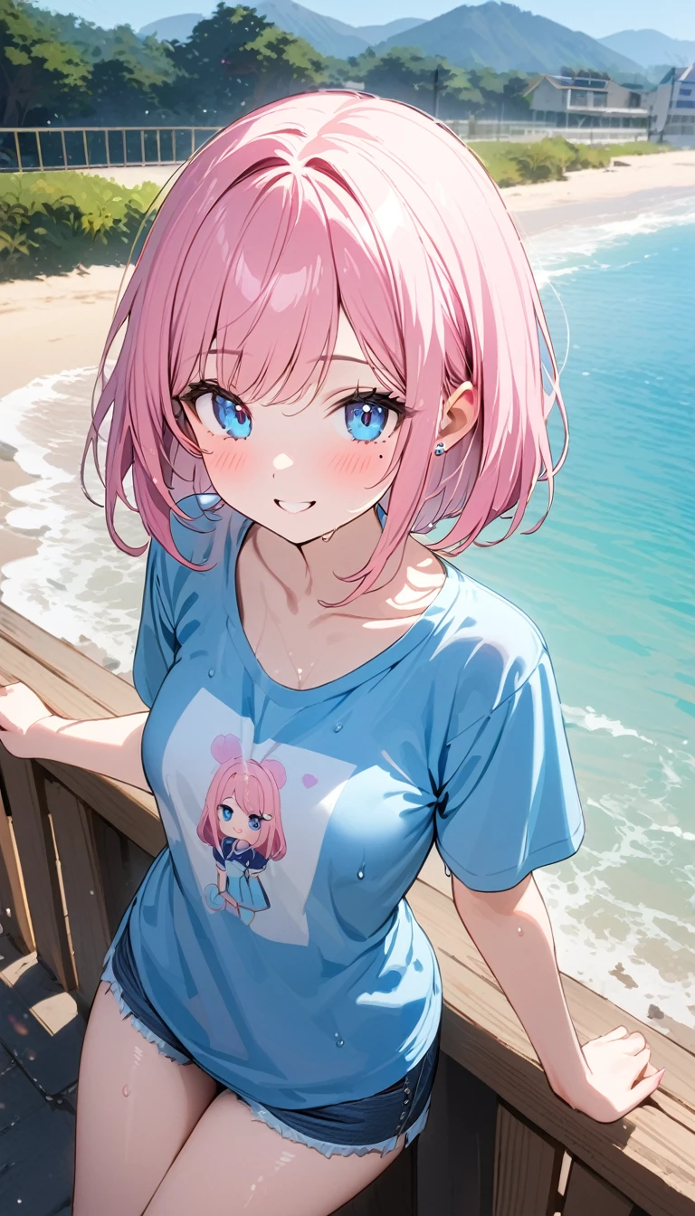 (1 girl),(Best Picture Quality, 8K, Masterpiece:1.3), (high school student:1.5), ((pink lob hair:1.1)), (bob cut),(swept bangs), (cute eyes, pupil black, iris skyblue, youthful face), (mole under right eye), (standard weight), (small breasts), (glistening skin:1.1),(pale skin:1.2),(t-shirt),((Gyaru fashion:1.3)),(wet:1.1),((summer scene:1.2)),(magnificent view),(overlooking),(Smile).
