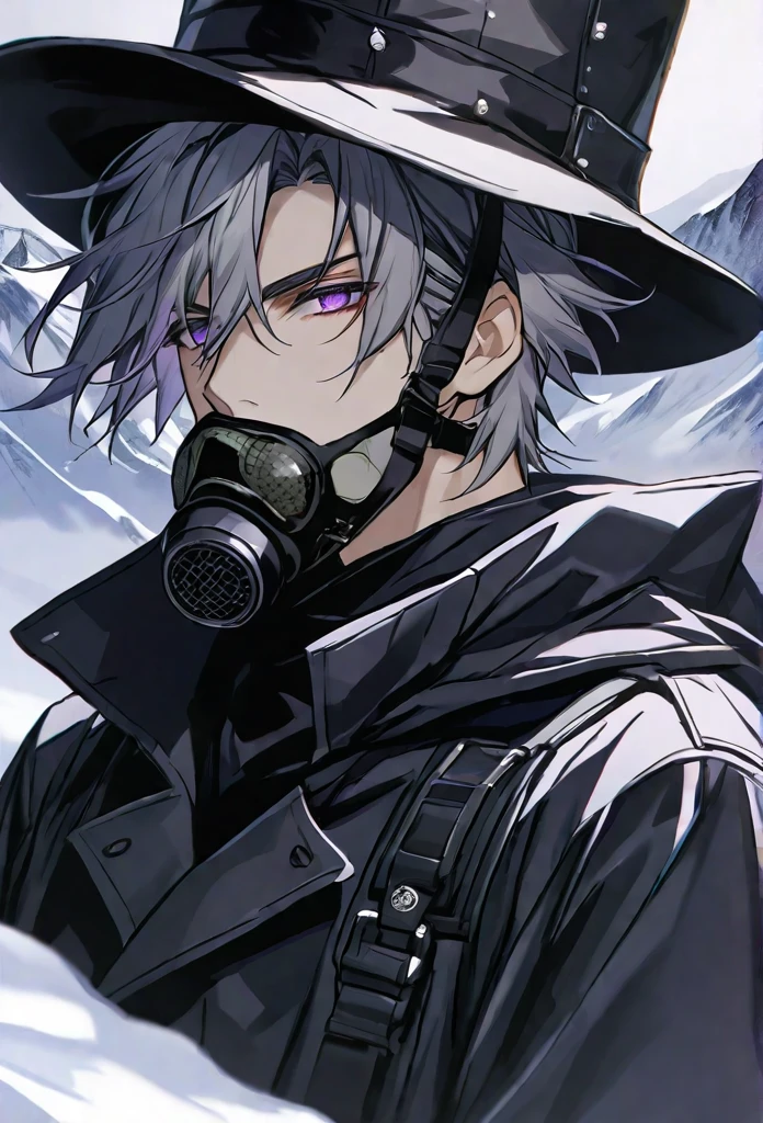 solo, handsome, 1 male, short hair, gray hair, purple eyes, black coat, black plague gas mask, black gloves, black top hat,background snow mountain,delicate face