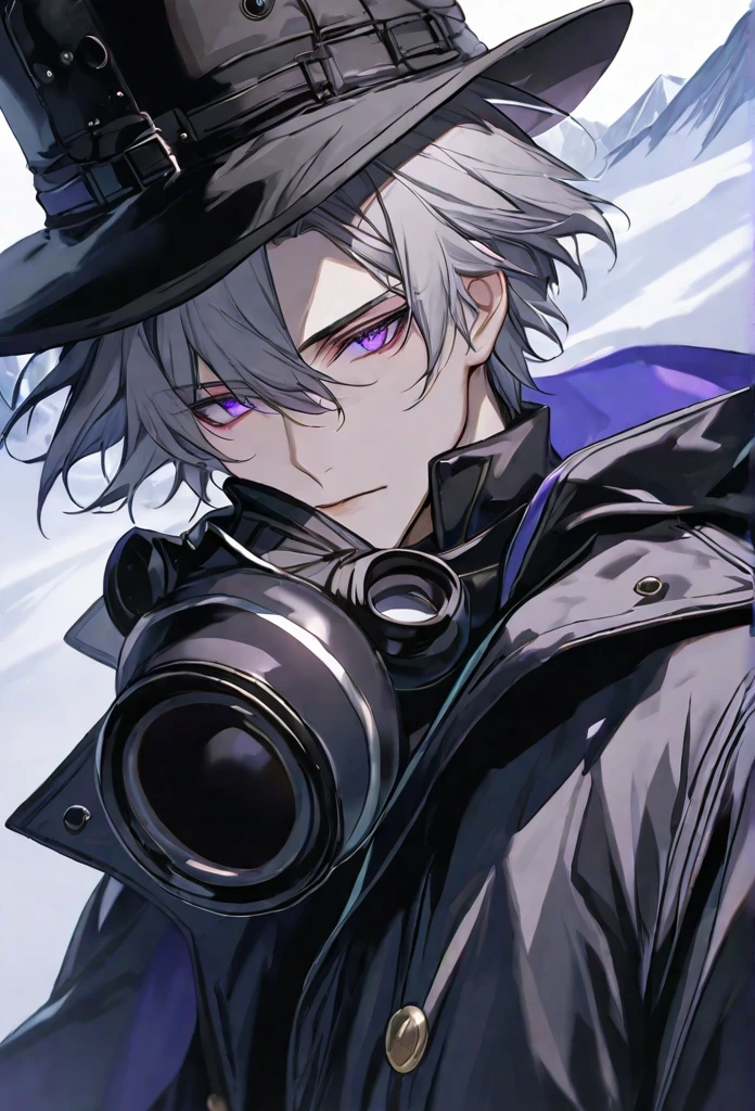 solo, handsome, 1 male, short hair, gray hair, purple eyes, black coat, black plague gas mask, black gloves, black top hat,background snow mountain,delicate face