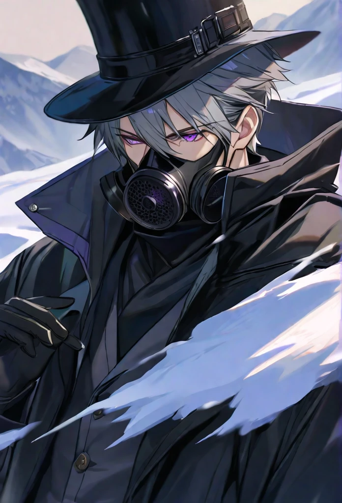 solo, handsome, 1 male, short hair, gray hair, purple eyes, black coat, black plague gas mask, black gloves, black top hat,background snow mountain,delicate face