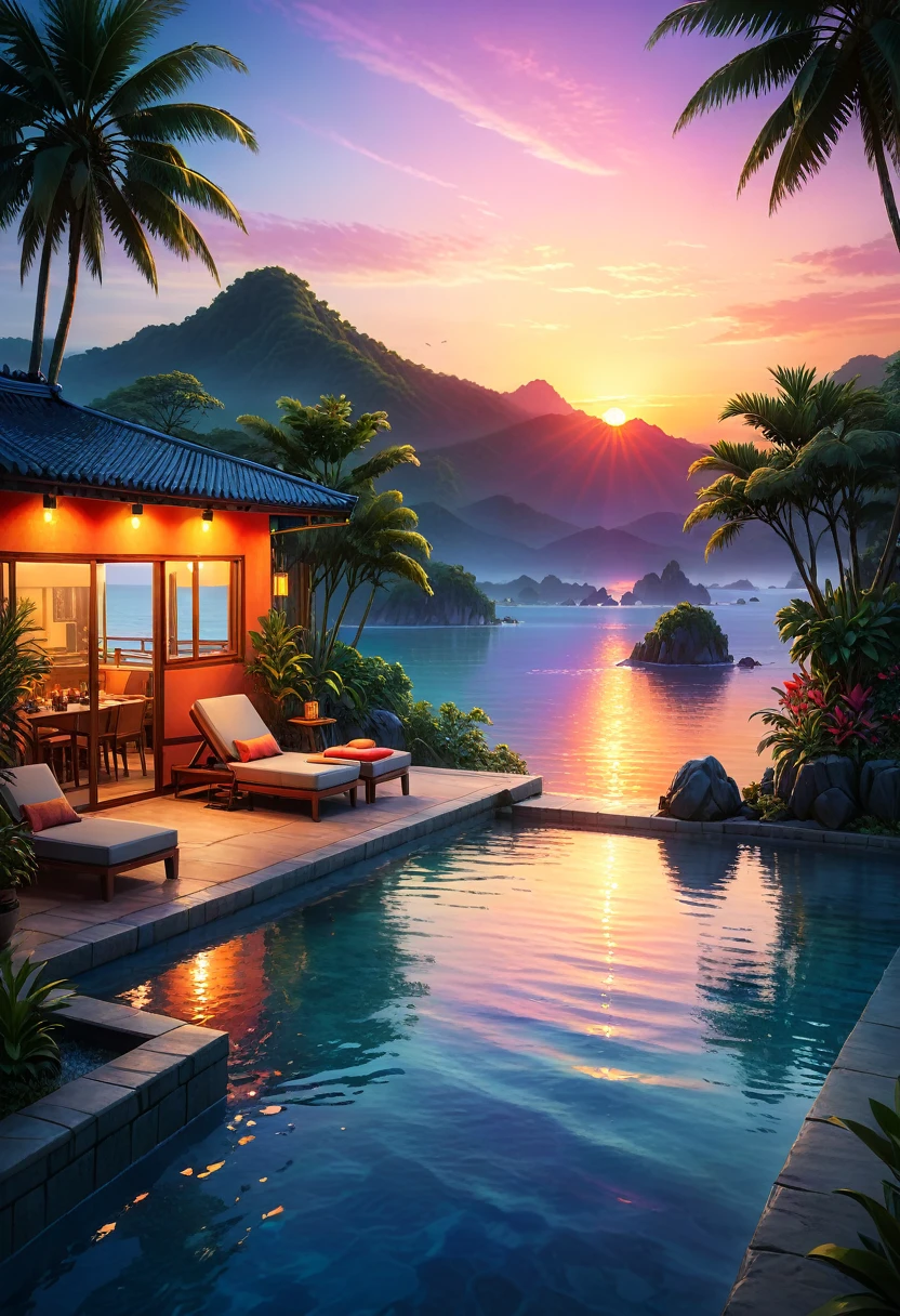 A high quality image of a serene (hot evening) scene with vibrant colors and soft sunset lighting, 8k resolution, hyper detailed with intricate textures and realistic details, inspired by the stunning work of (David Luong).