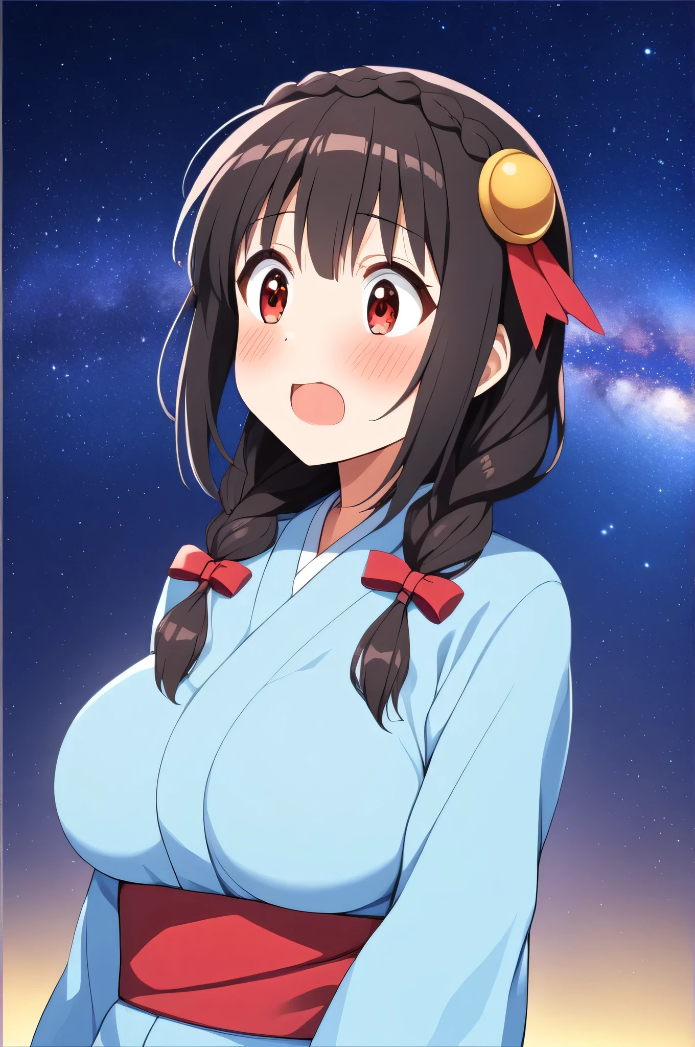 alone, One girl、Crown braids in the same color as your hair, hair ornaments, Hair Ribbon,(A light blue kimono with a red floral pattern and a red obi.)、Red Eyes、Black Hair、(blush:1.7)、(Surprised expression:1.4)、Larger breasts、Side view、The Milky Way in the background