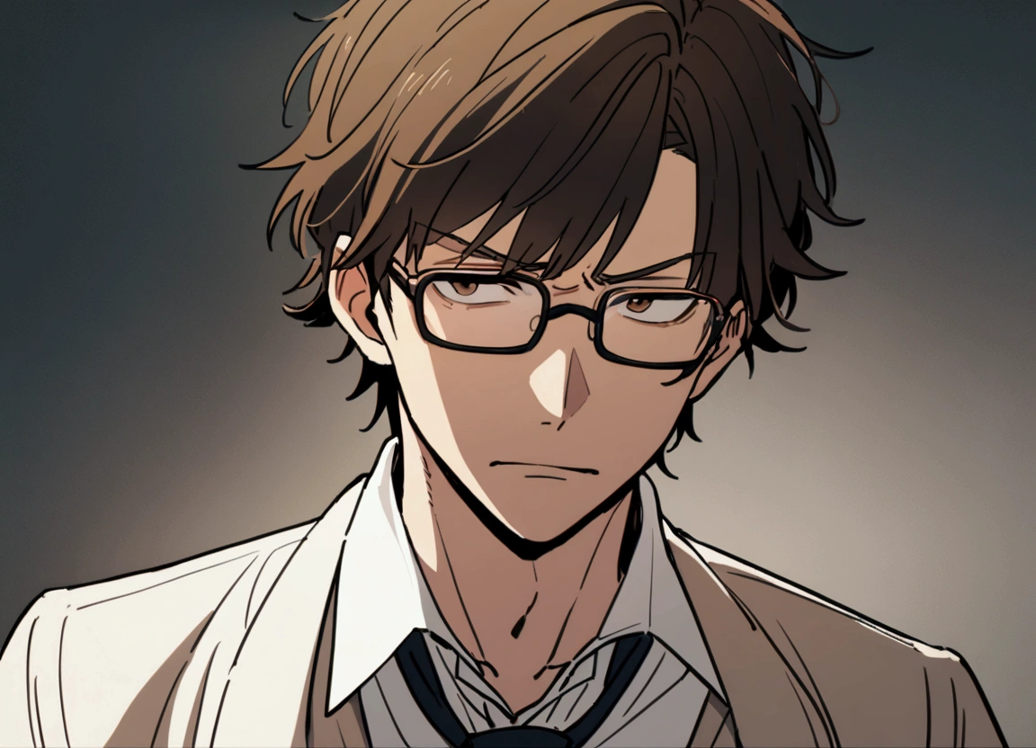 30-year-old male, Brown short hair, Stern expression, Brown eyes, Wearing a white shirt、Wearing a tie and glasses.