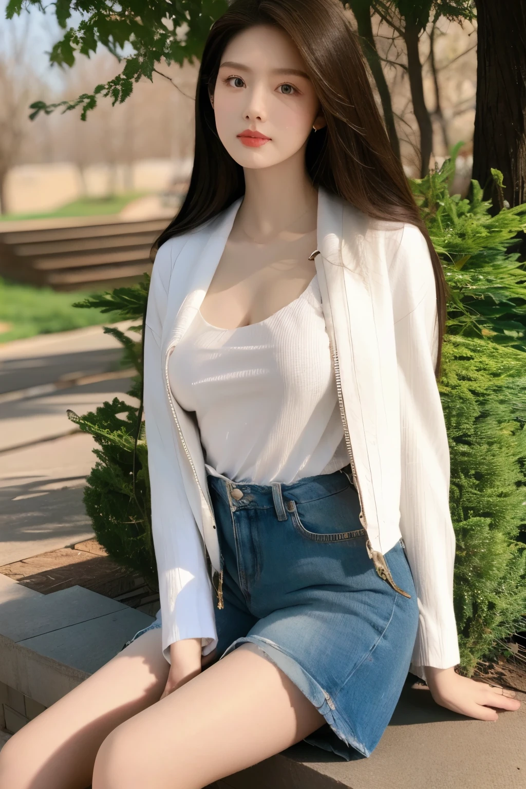 Beautiful woman with perfect body：1.4，Prominent cleavage，Layered Hairstyle，Highly detailed face and skin textures，Double eyelids，Skin Whitening，Long hair，Whitened long legs，Half-breasted shirt