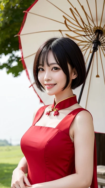 Red Chinese Dress, One girl, alone, Black Hair, short hair, Upper Body, smile, Parasol, Mature Woman,