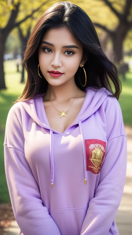 photography, woman, portrait of woman wearing purple hoodie clothes, red lipstick, golden necklace, earrings, ornate, detail, flowers, park background, soft focus